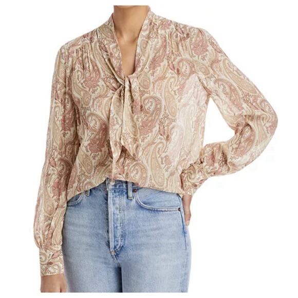 Paisley Print Tie Neck Long Sleeve Blouse Bohemian Chic Romantic - Picture 1 of 7
